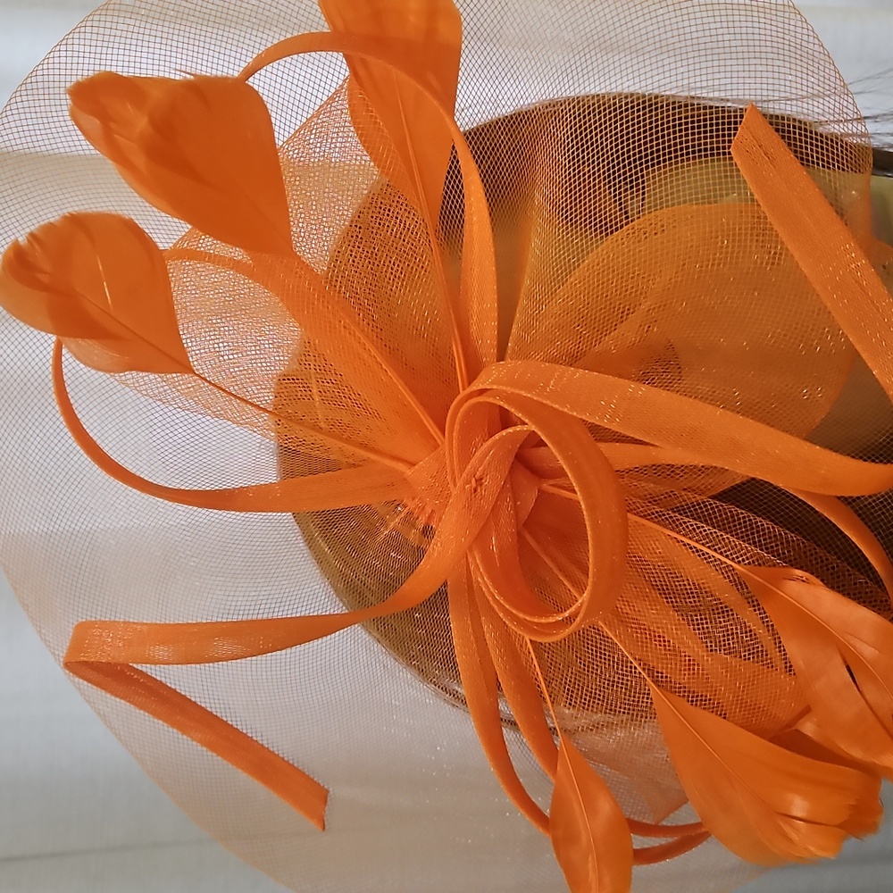NWT ORANGE FASCINATOR Hat Headband Clip Derby Church Tea Hair Accessory - Picture 4 of 8